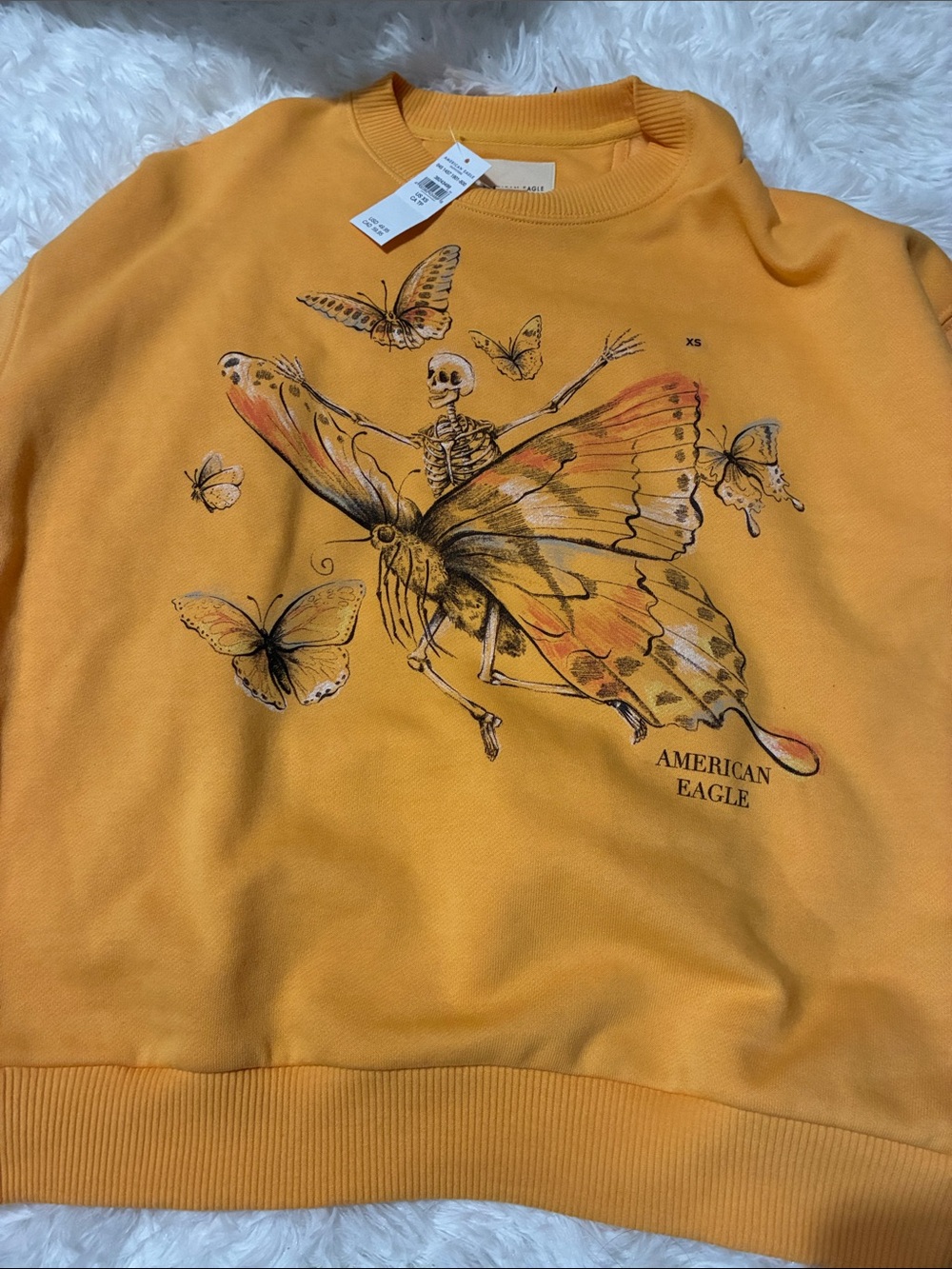 American Eagle Outfitters Yellow Butterfly & Skeleton Crewneck Sweater